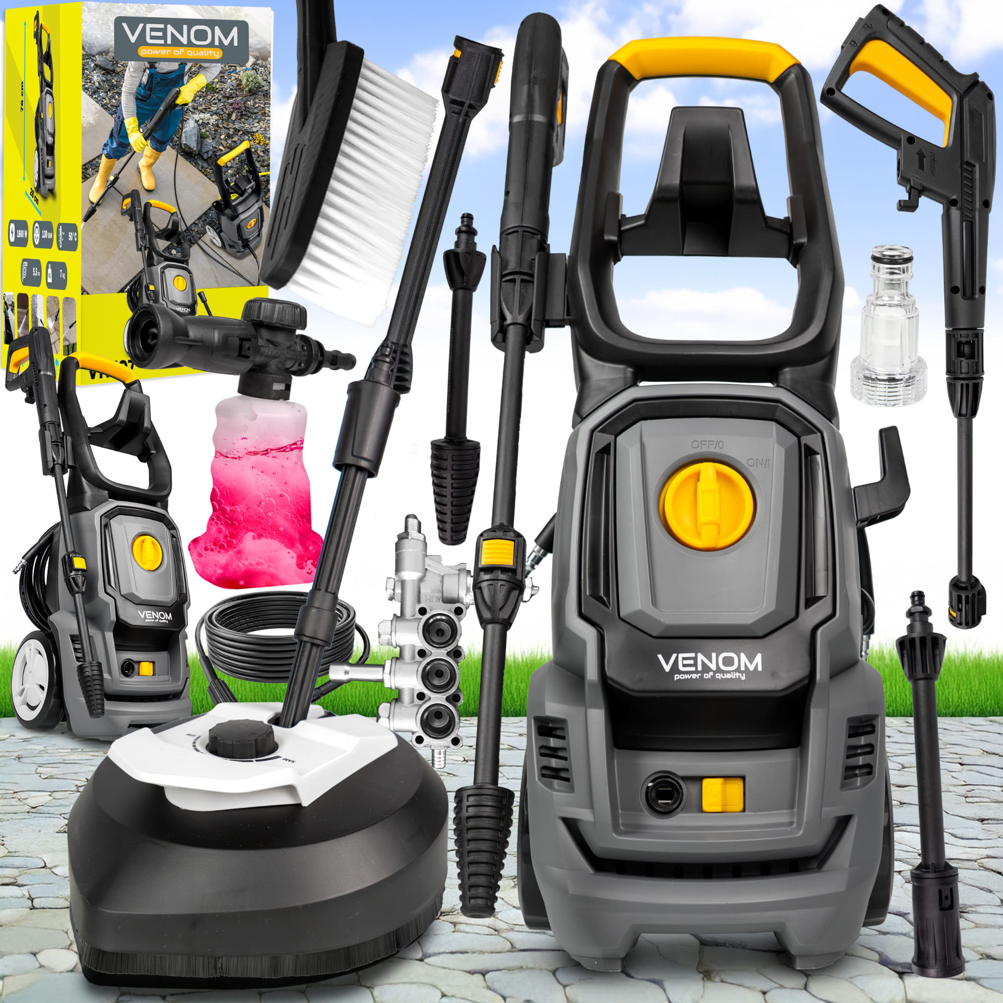 Myjka Ciśnieniowa VENOM PRO Aluminiowa Pompa 1600W Zestaw 9w1 T-Racer + Pianownica
