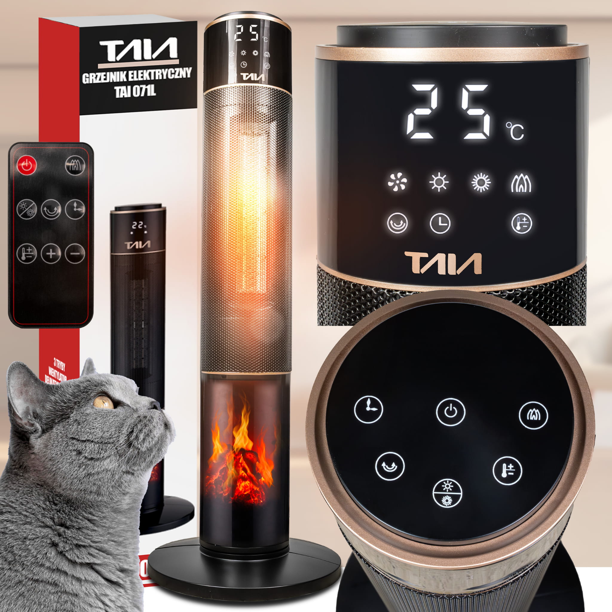 Termowentylator Kominek Elektryczny TAIA Obrotowy Kolumnowy wieża 2000 W Ceramiczny  Wyświetlacz LED Pilot Energooszczędny 9w1