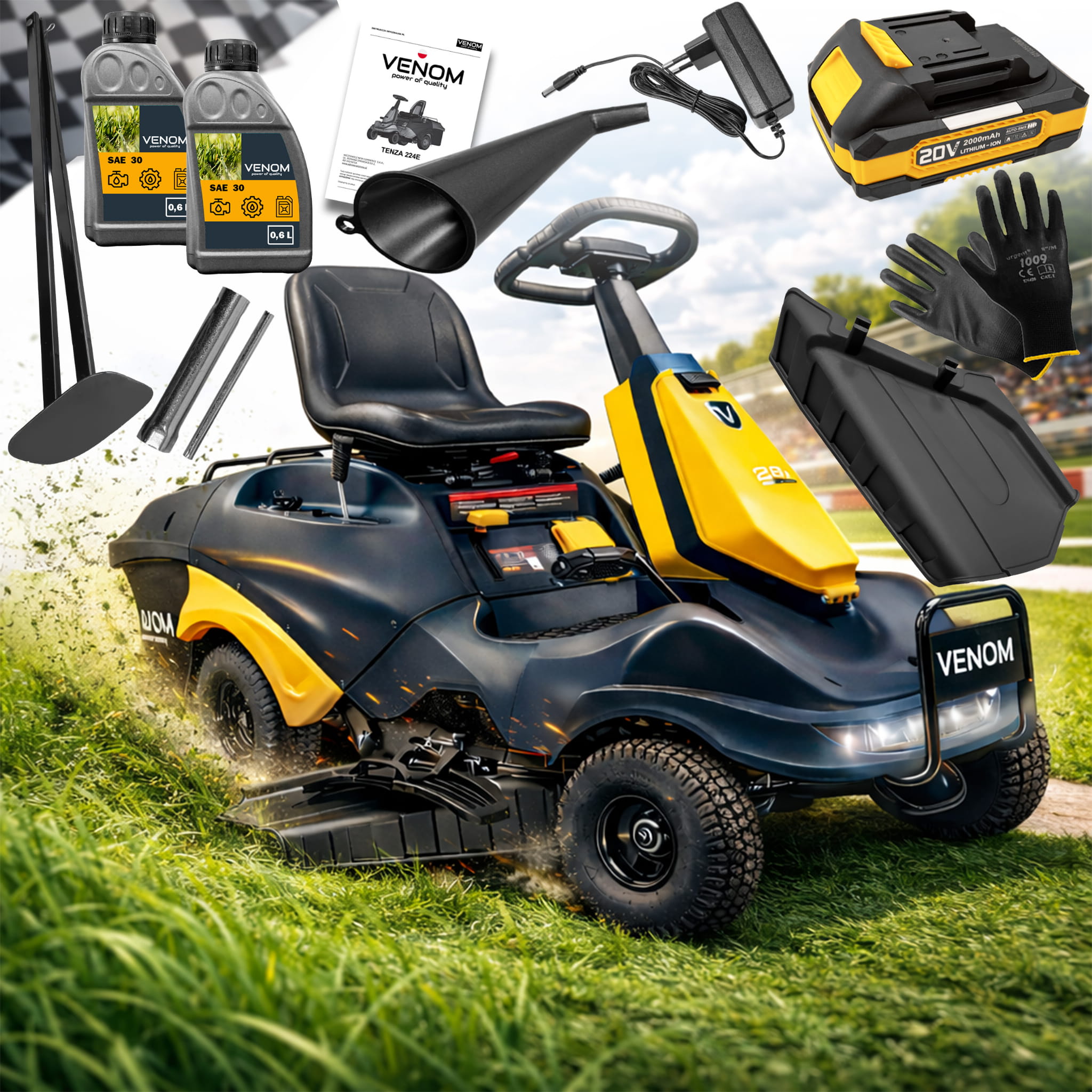 Traktorek Ogrodowy VENOM TENZA Kosiarka Spalinowa Loncin 224cc Kosz 150L LED Mocny Rider 72cm