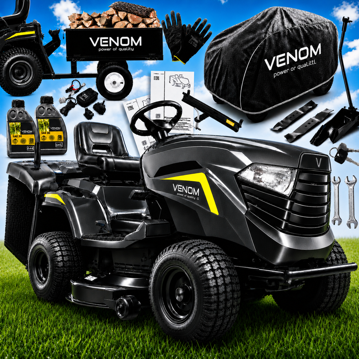 Mocny Traktorek Ogrodowy VENOM Powered by STIGA 432cc HYDRO Profesjonalny Mulczer Przyczepka Zestaw GIGANT