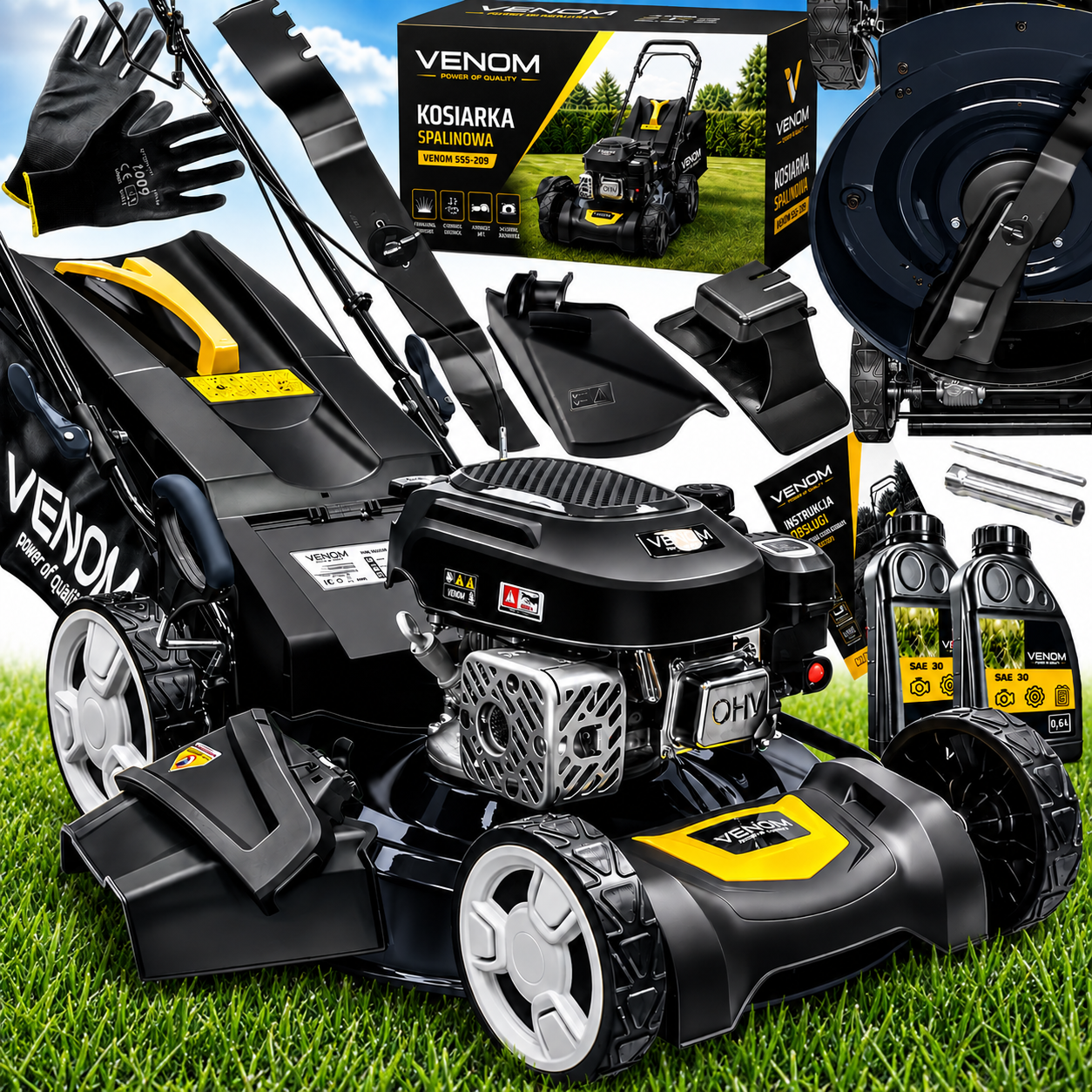 Mocna Kosiarka Spalinowa z Napędem VENOM 9w1 209cc Mulczowanie 57cm Kosz hybrydowy 70l system antywibracyjny