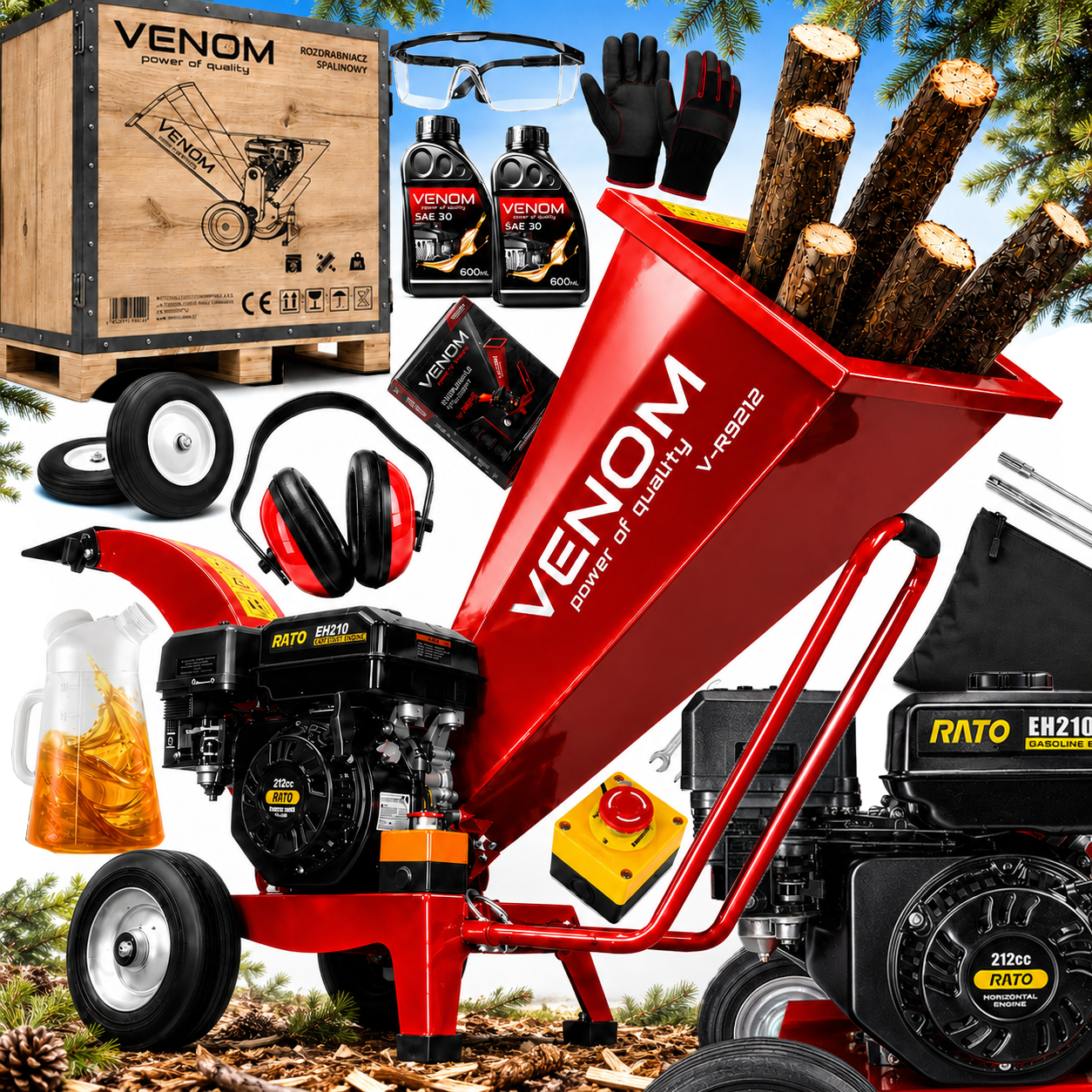 Mocny Rozdrabniacz Spalinowy VENOM do gałęzi 60mm Silnik RATO 212cc DUŻE KOŁA STABILNY