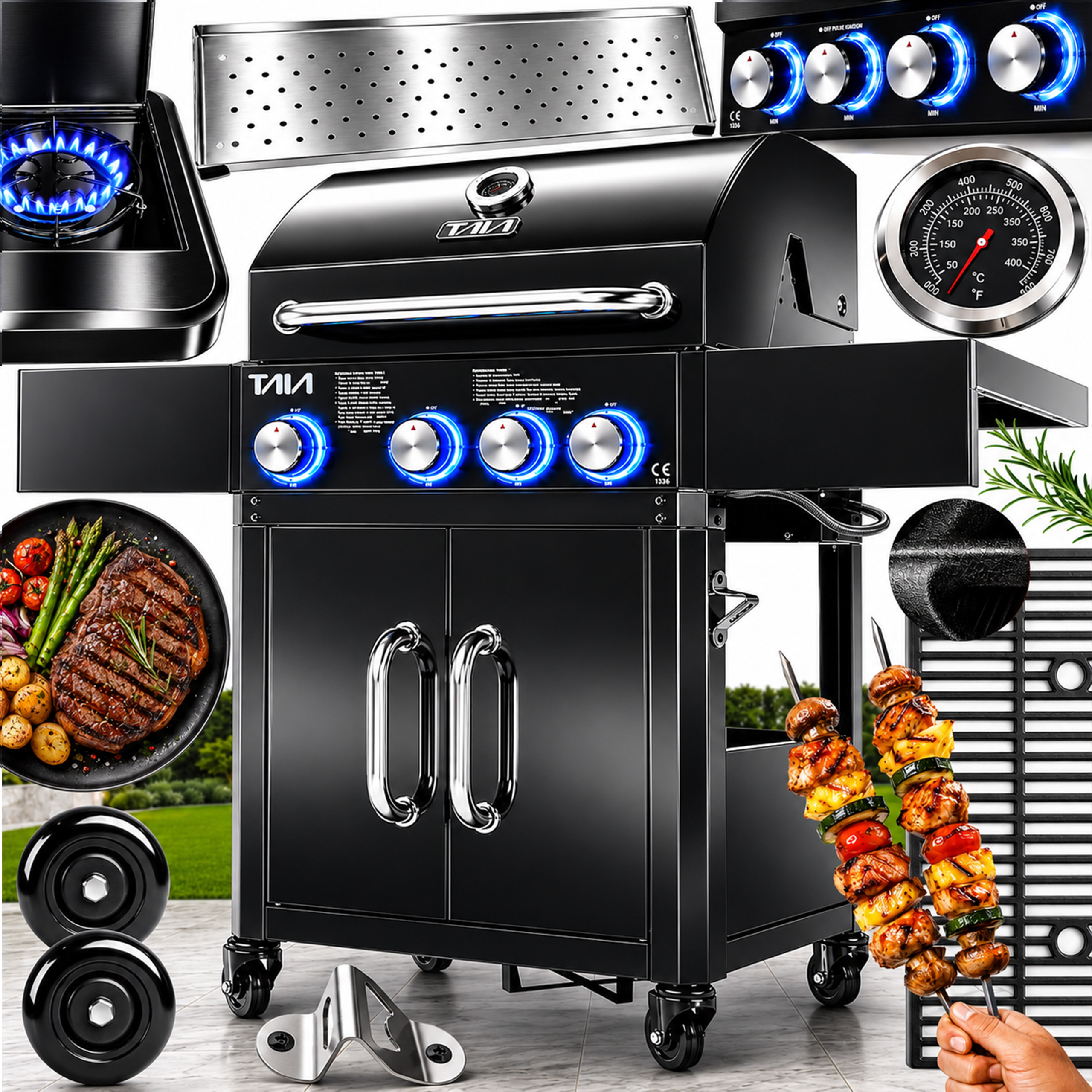 GRILL GAZOWY Ogrodowy TAIA Pro 4 Palniki 12,4 kW Duży Żeliwny Ruszt Termometr Podświetlenie LED