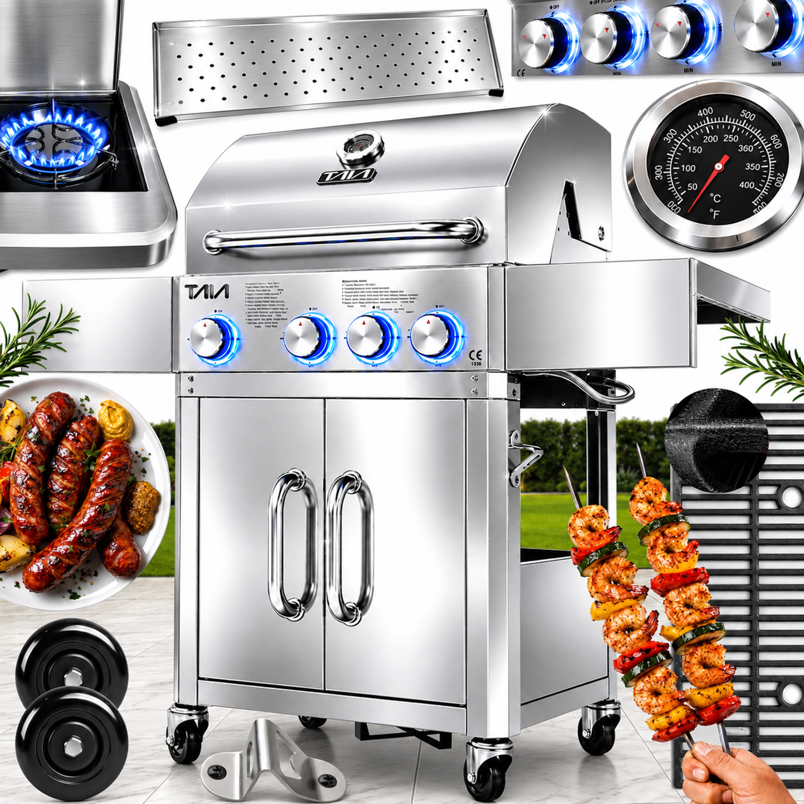 GRILL GAZOWY TAIA Pro Nierdzewny 4 Palniki 12,4 kW Podświetlenie LED Duży Żeliwny Ruszt Termometr