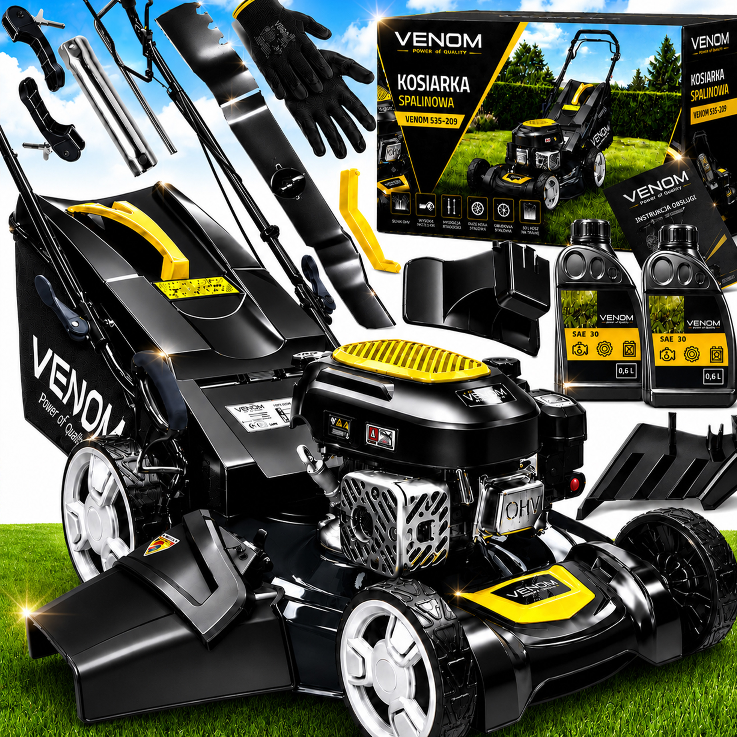 Potężna Kosiarka Spalinowa z Napędem VENOM 209cc Mulczowanie 55cm Kosz hybrydowy 70l system antywibracyjny