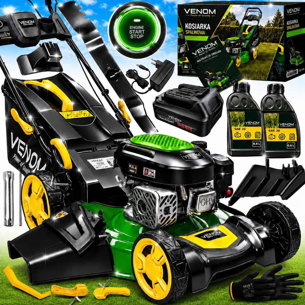 Kosiarka Spalinowa z Napędem E-Start VENOM 209cc Odpalanie Przyciskiem Kosz 70l Mulczowanie 57cm