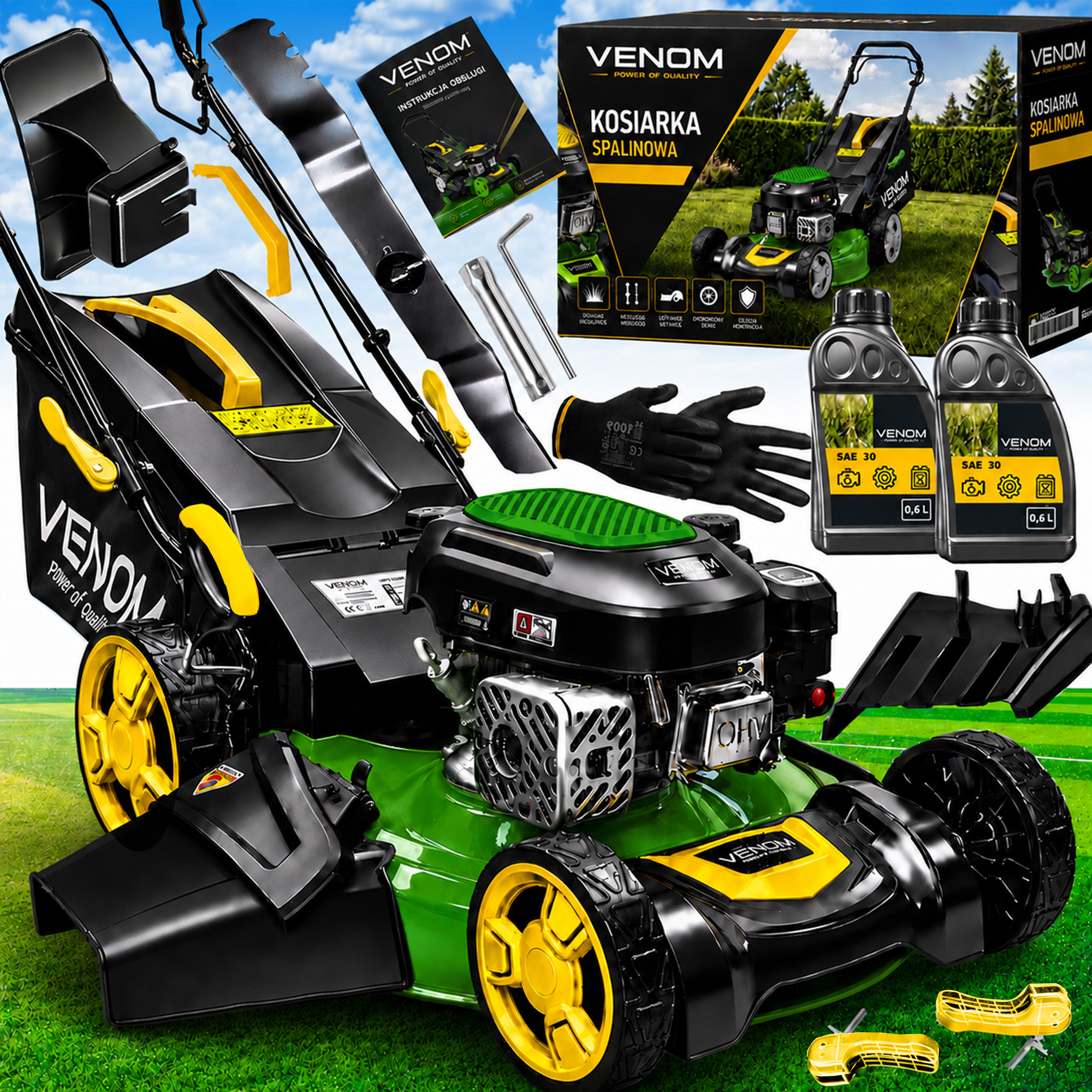 Mocna Kosiarka Spalinowa z Napędem VENOM 9w1 209cc Mulczowanie 55cm System antywibracyjny Kosz hybrydowy 70l