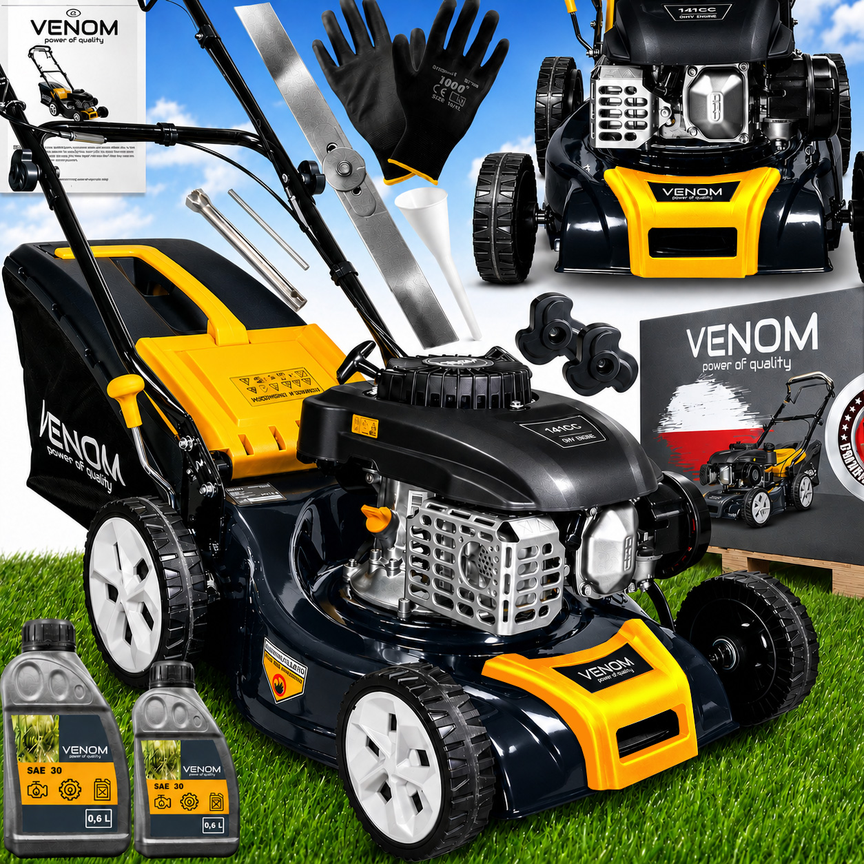 Mocna Kosiarka Spalinowa z Napędem VENOM 141cc Turbo Stalowa Kosz 8w1 46cm