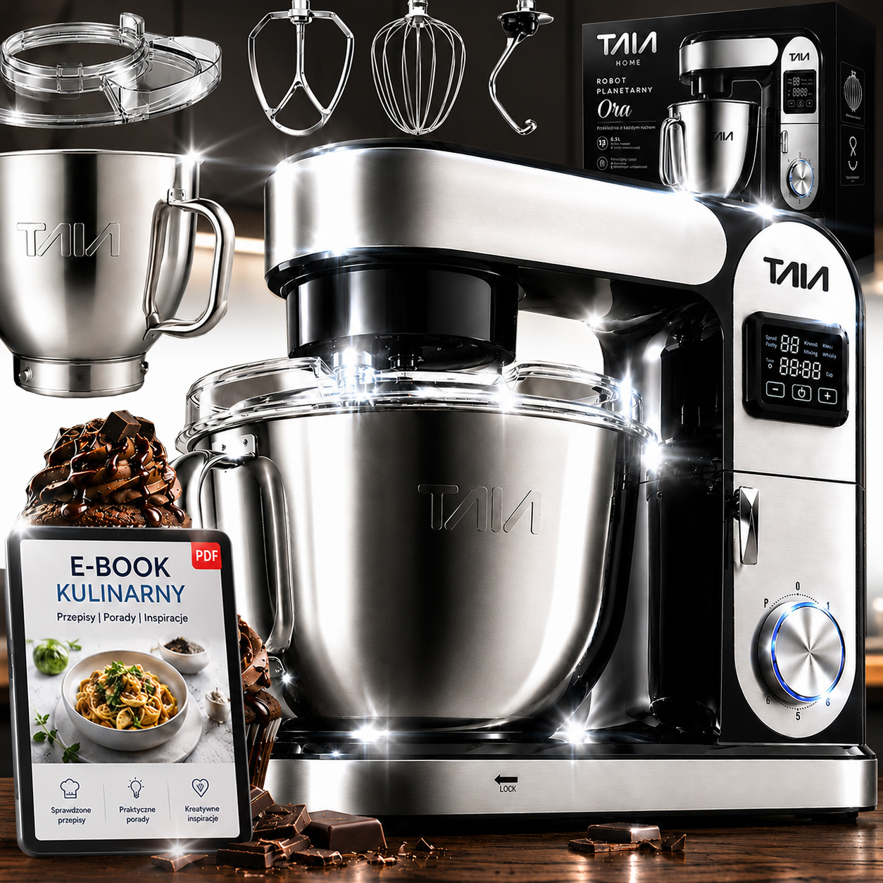 Robot kuchenny planetarny TAIA ORA 2000W Wielofunkcyjny misa 6,5 L Dotykowy wyświetlacz LED 3 mieszadła 10w1 E-Book Gratis