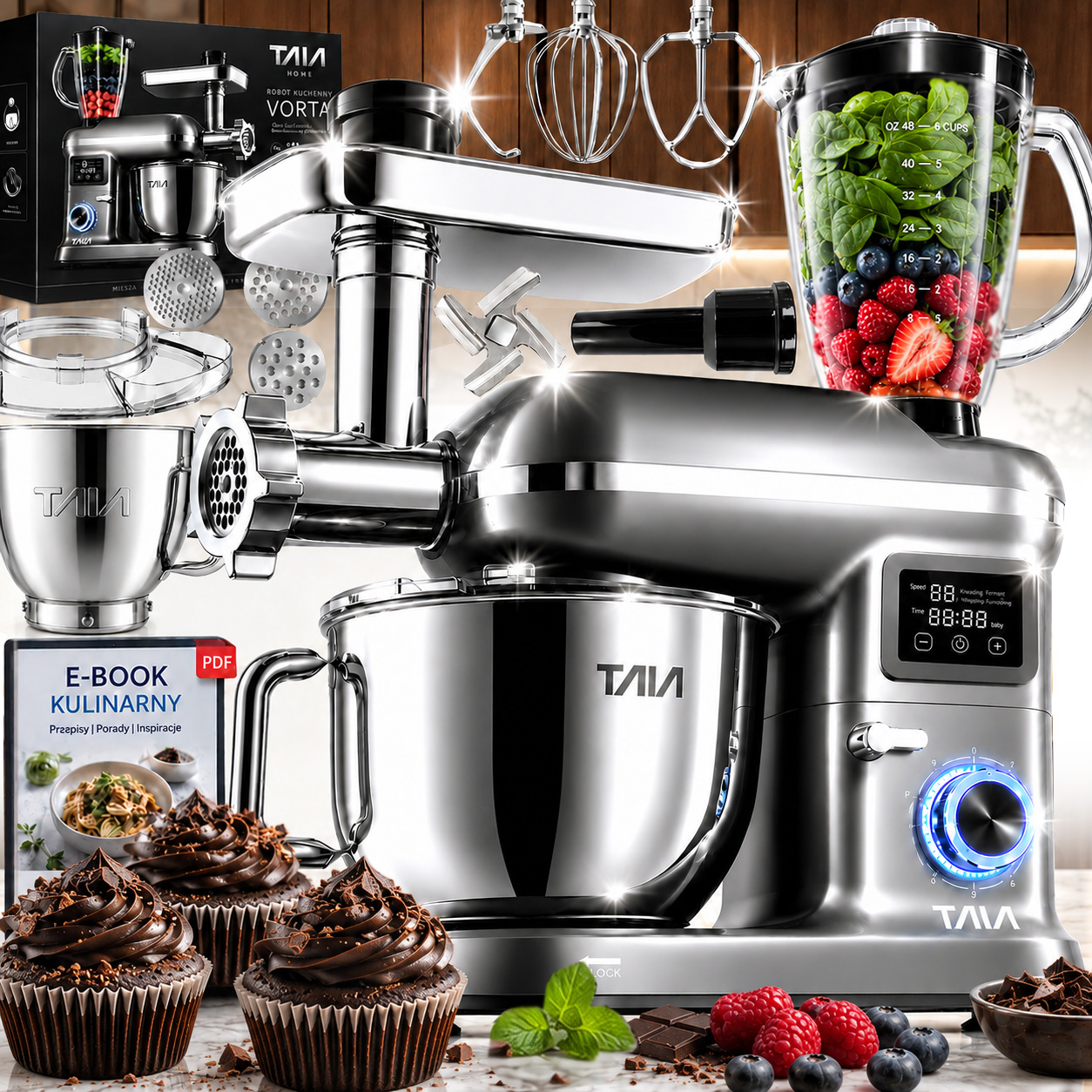Robot kuchenny planetarny TAIA VORTA 2000W Wielofunkcyjny misa 5,5 L Maszynka do Mielenia LED 3 mieszadła Blender E-Book Gratis