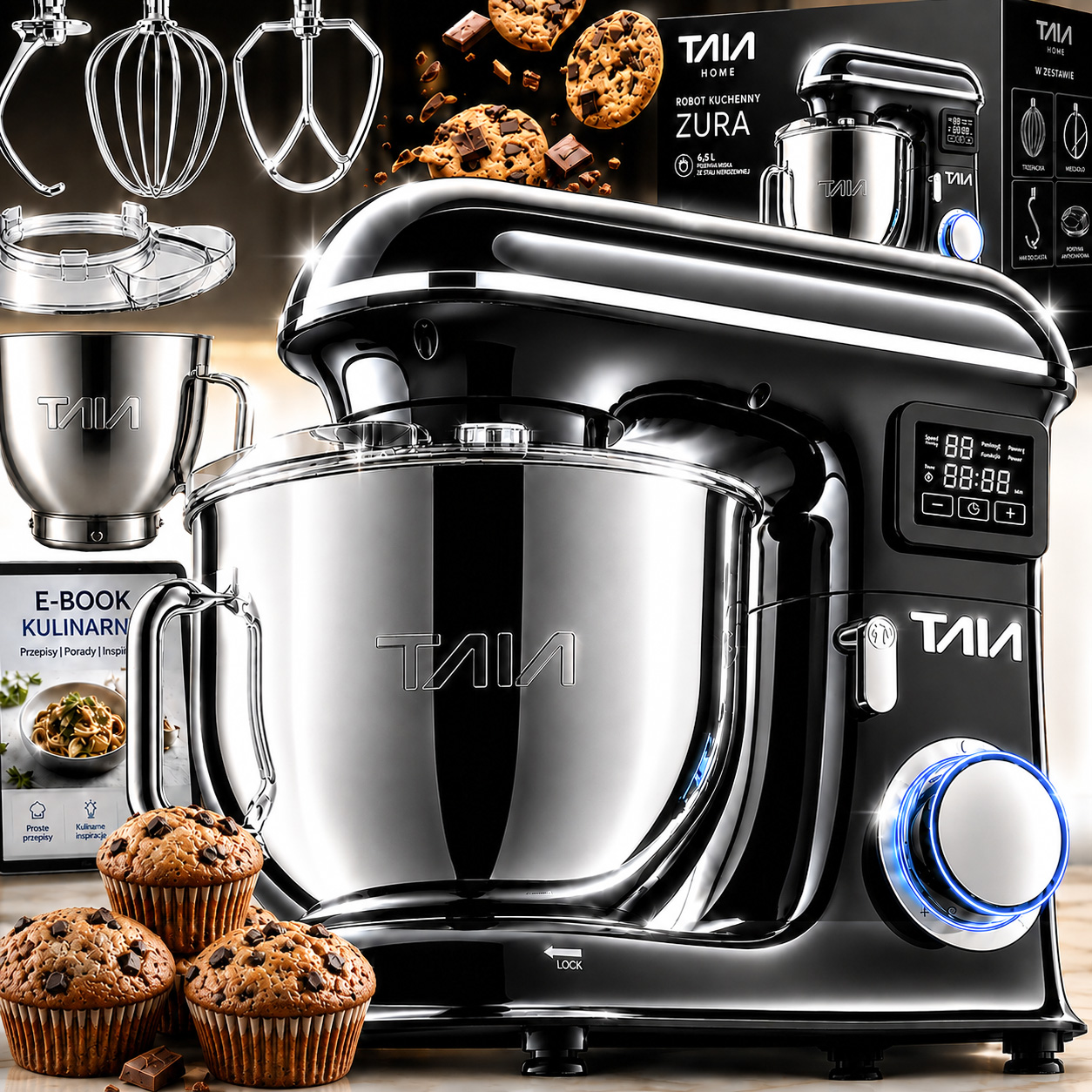 Robot kuchenny planetarny TAIA Zura 2000W misa 6,5 L Dotykowy wyświetlacz LED Duży zestaw 3 mieszadła 10w1