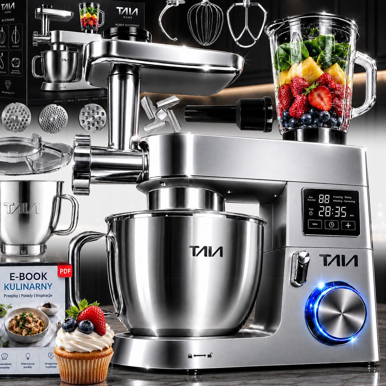 Profesjonalny Robot planetarny TAIA LAVA Kuchenny 1800W ALUMINIUM dotykowy wyświetlacz LED Duża misa 6,5 L mikser blender maszynka do mięsa 10w1