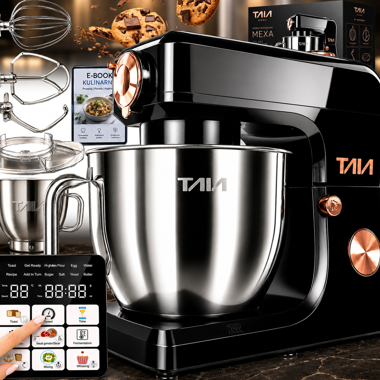 Robot kuchenny planetarny TAIA MEXA 2000W Mikser misa 6,5 L Dotykowy wyświetlacz LED zestaw 3 mieszadła 10w1