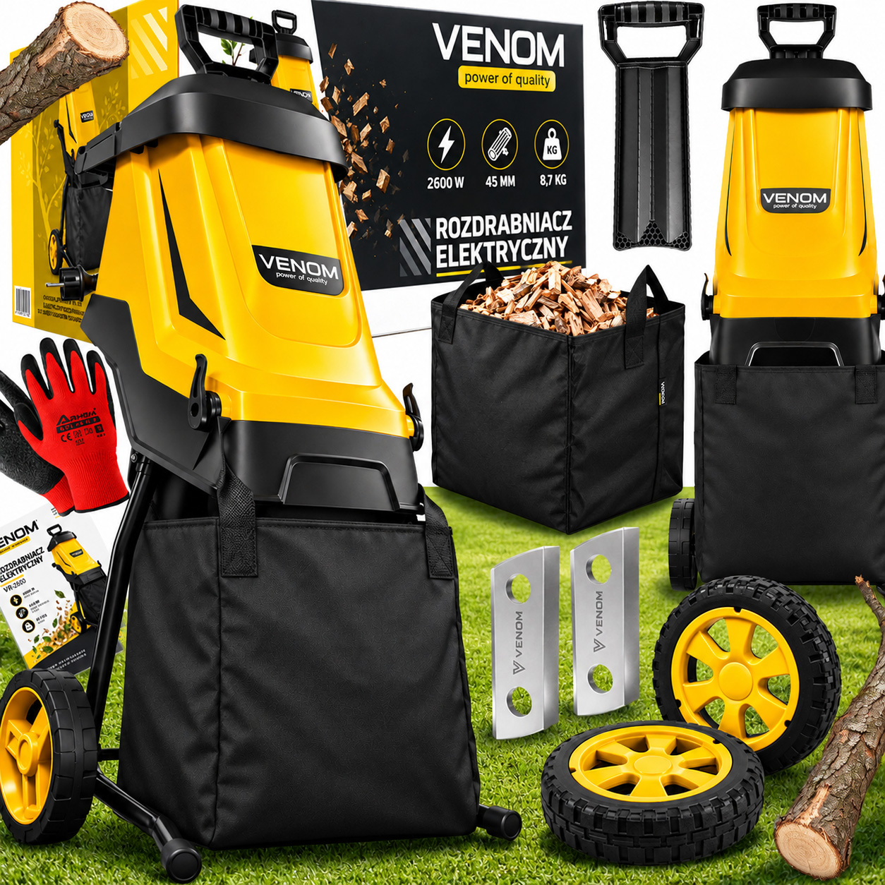 Rozdrabniacz elektryczny VENOM 2600W Mocny Silnik Rębak Do Gałęzi  Zbiornik 45l