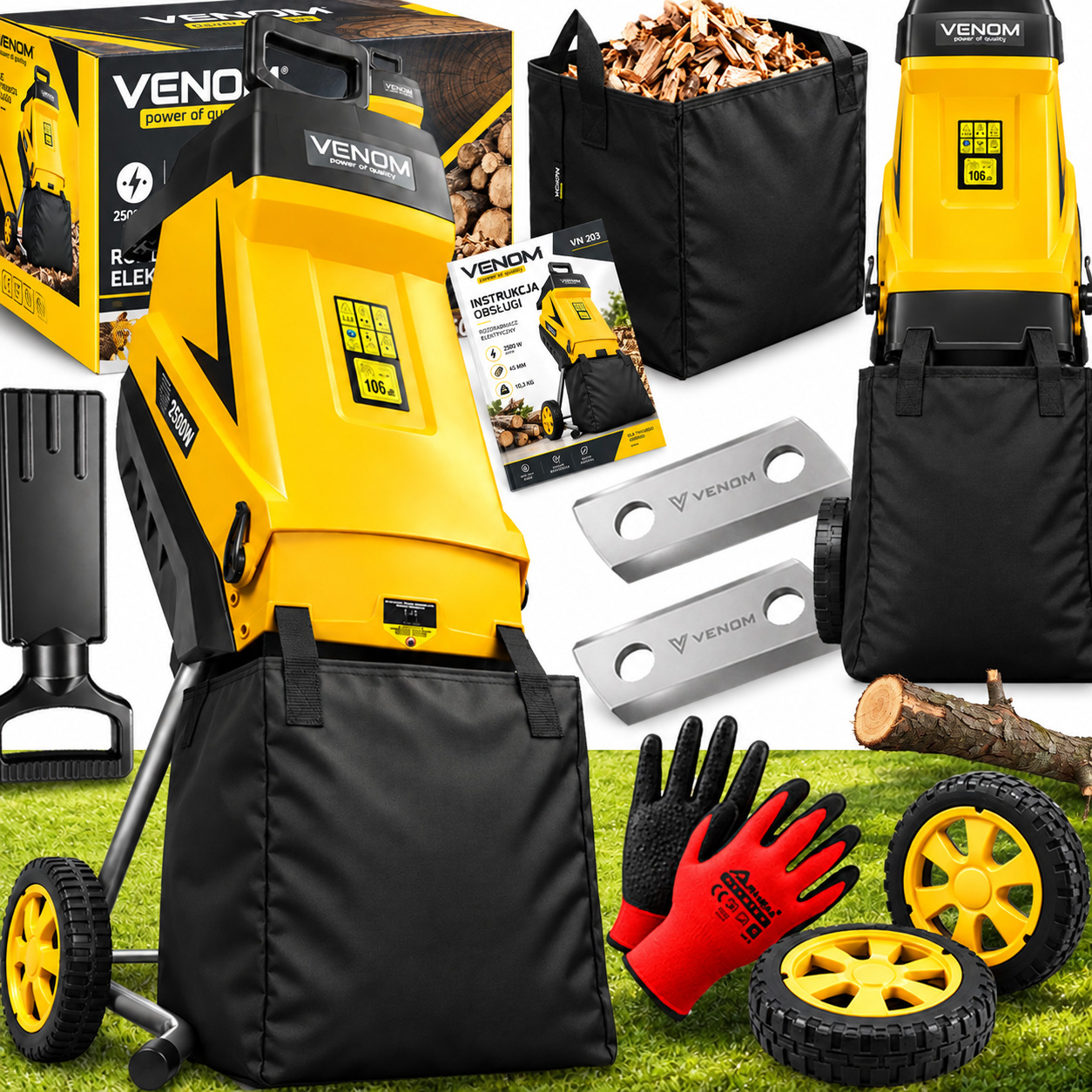 Rozdrabniacz elektryczny VENOM 2500W Mocny Silnik Rębak Do Gałęzi 2x Zbiornik 45l