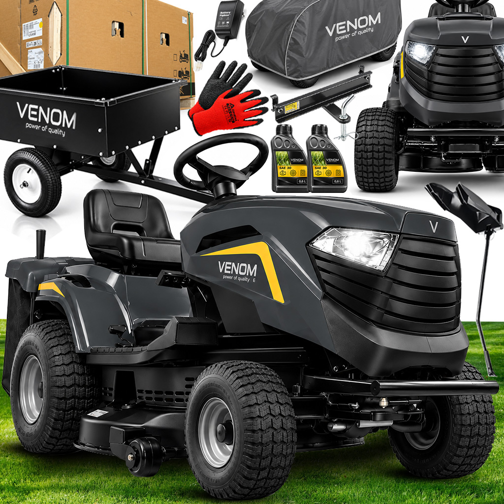 Mocny Traktorek Ogrodowy VENOM Powered by STIGA 432cc HYDRO Profesjonalny Mulczer Przyczepka Zestaw GIGANT