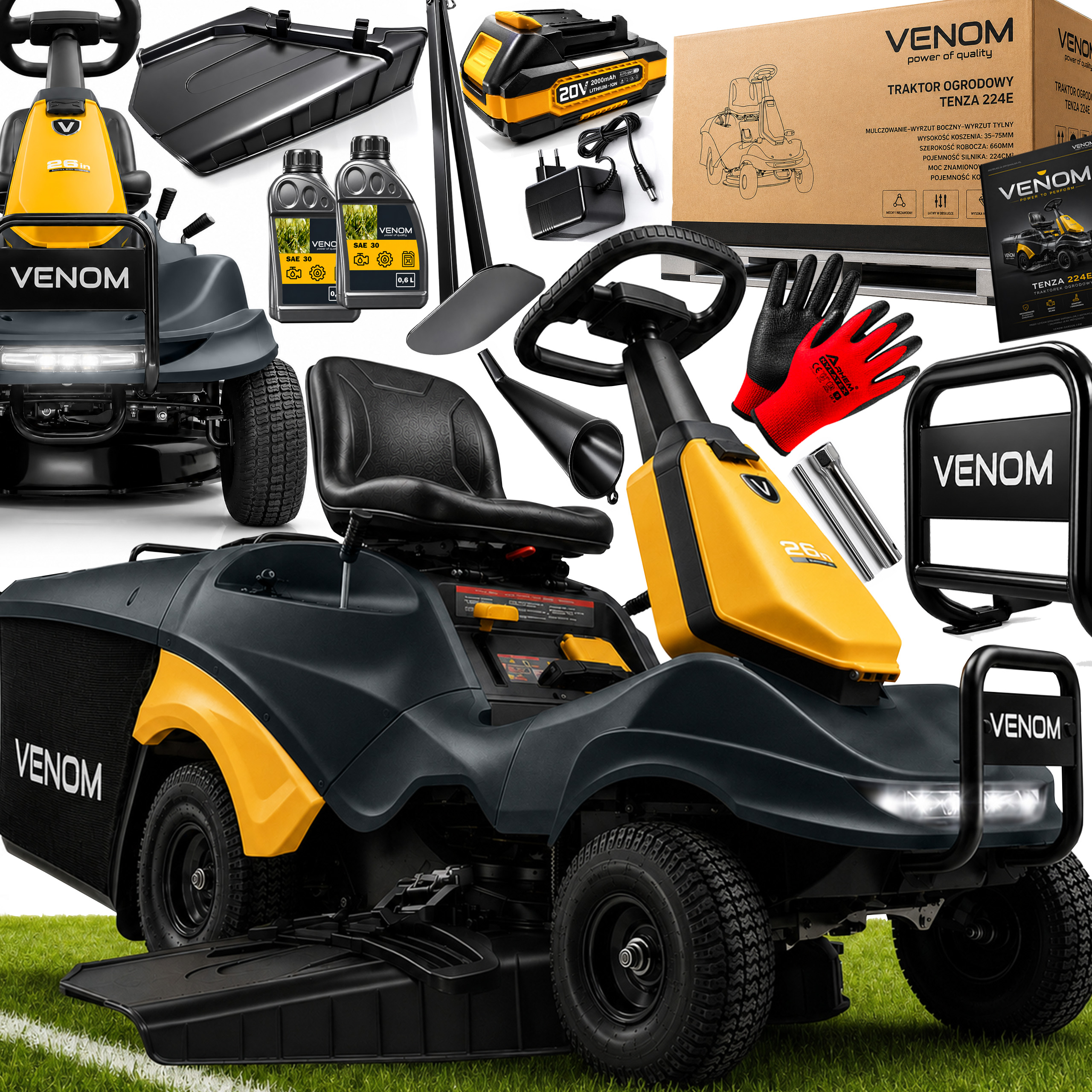 Traktorek Ogrodowy VENOM TENZA Kosiarka Spalinowa Loncin 224cc Kosz 150L LED Mocny Rider 72cm