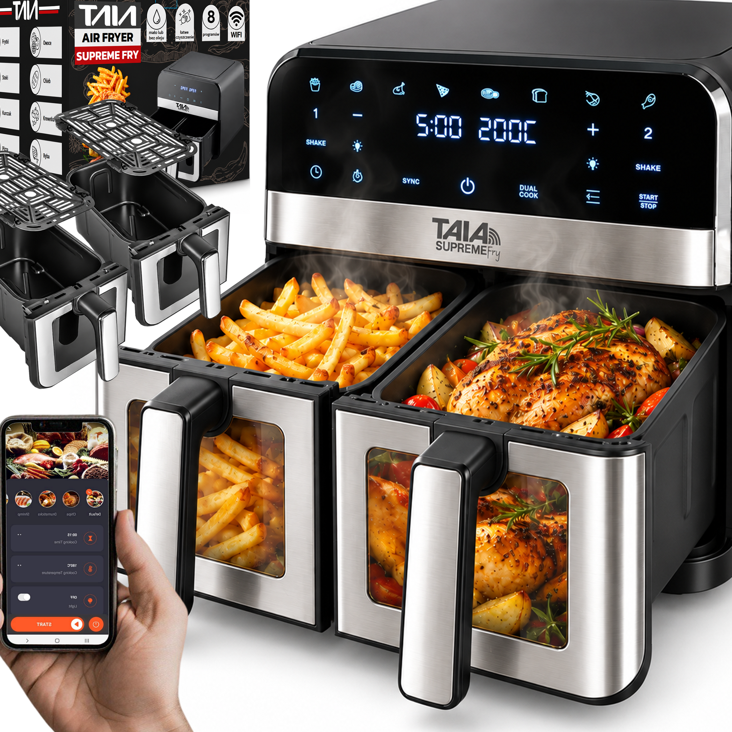 Duża Frytkownica Beztłuszczowa Air Fryer TAIA Supreme WI-FI 9L Dwie szuflady z oknem podglądu LED 2400W